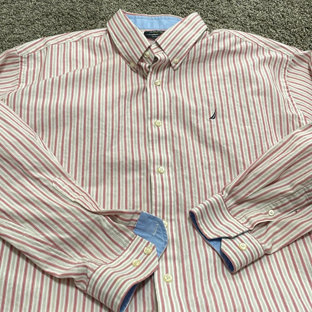 Nautica Dress Shirt Mens Classic Fit Size17 1/2 34/35‎ striped White/Salmon